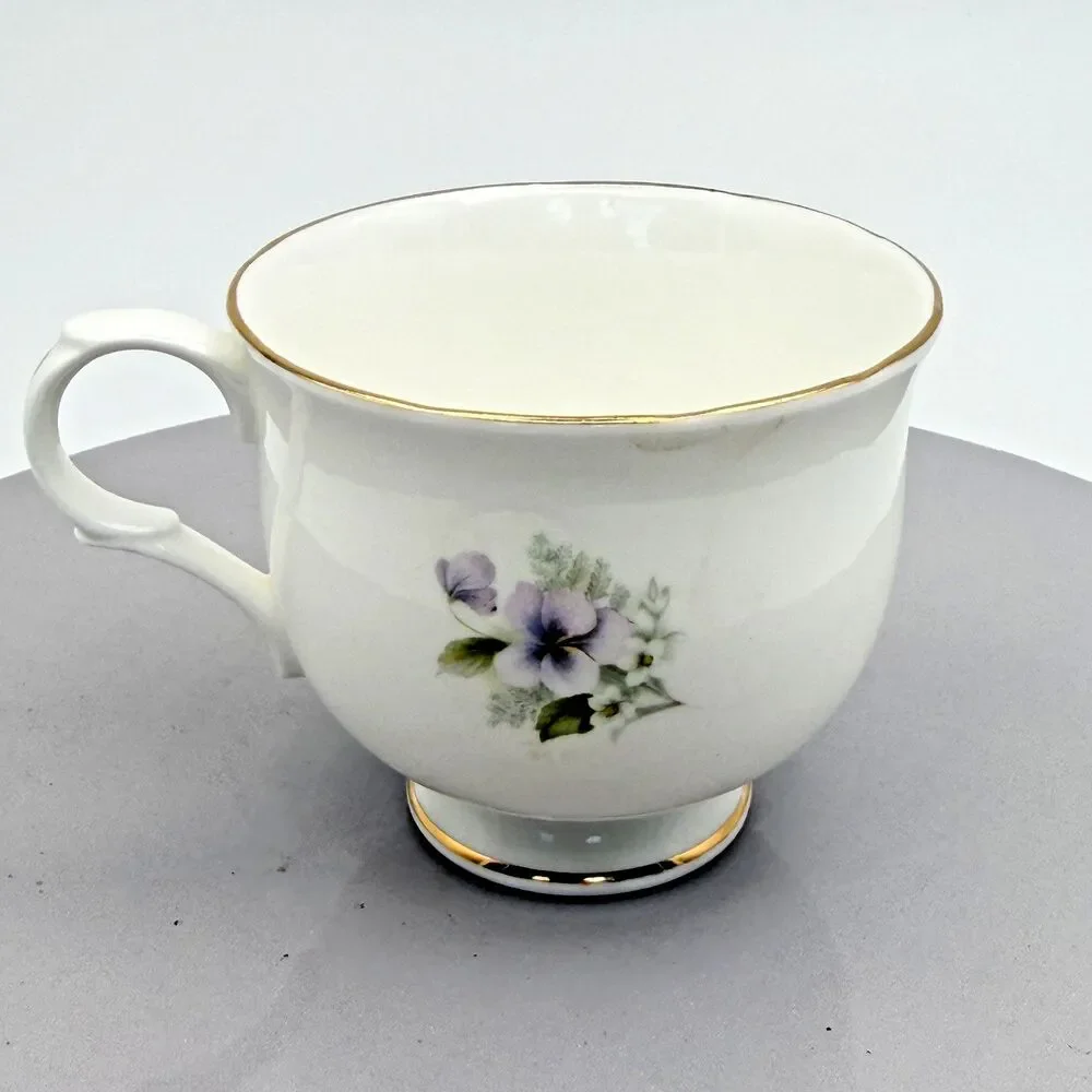 Sadler Wellington Floral Teacup and Saucer Set Purple Pansies Gold Trim Vintage